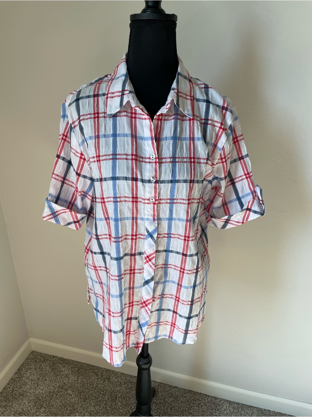 Allison Daley White Plaid Button-Down Shirt with Red & Blue Checks
